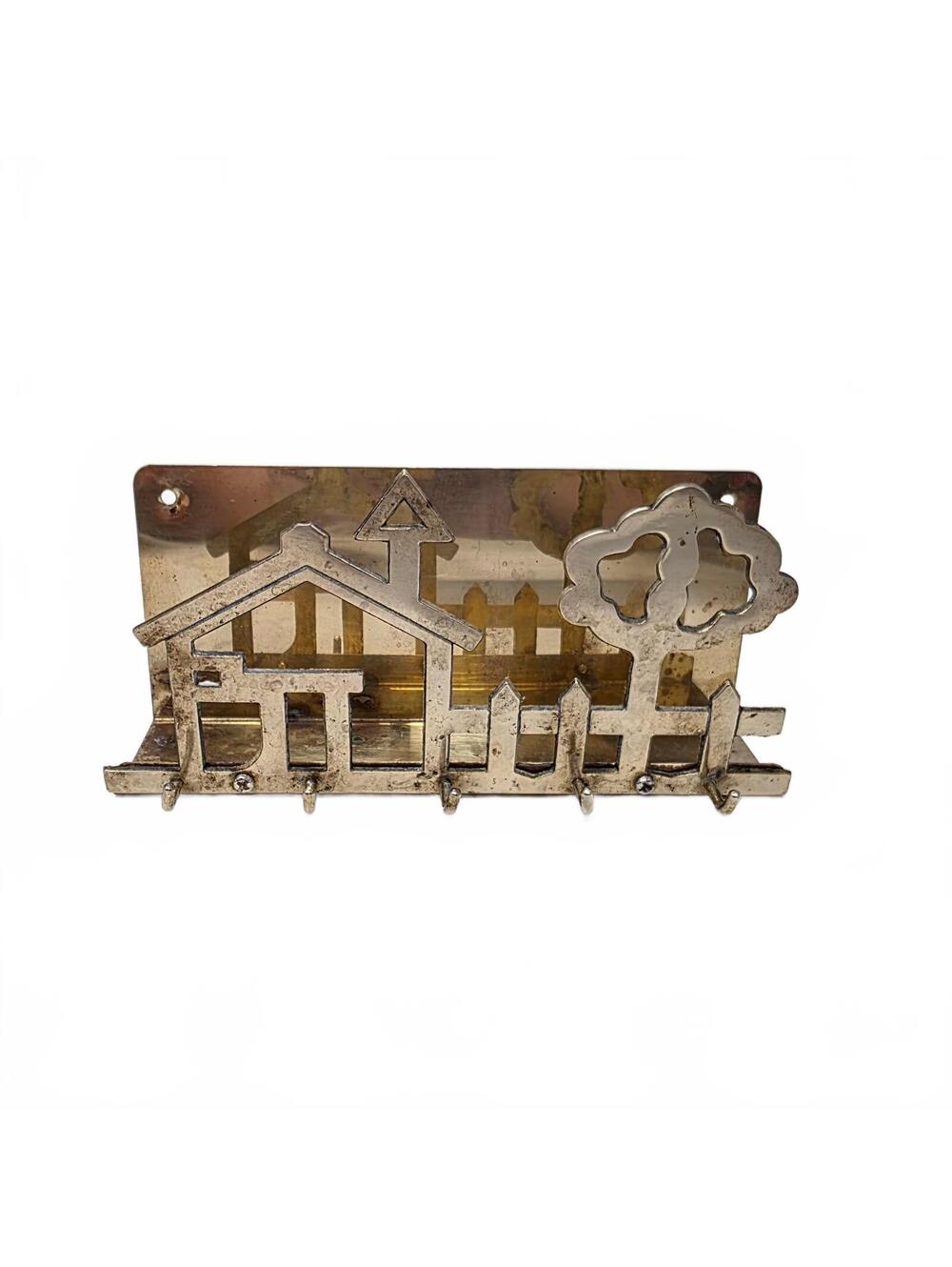 Vintage Solid Brass Mail and Key Holder House Tree Wall Rack 5 Hooks